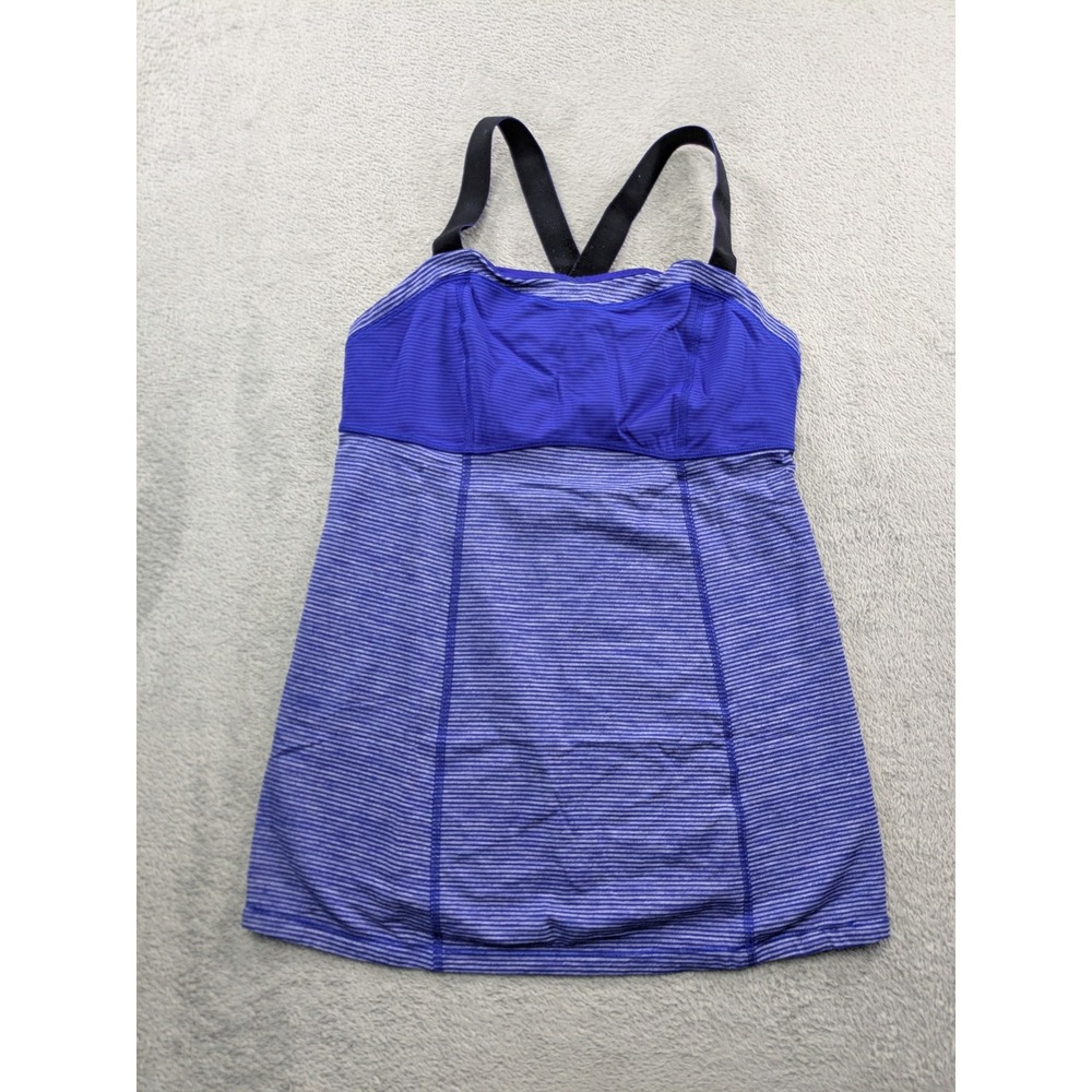 Lululemon Striped Athletic Tank Top Size 4 Blue Strappy Racerback Built-in Bra